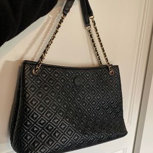 Tory Burch Marion quilted black leather tote with gold chain